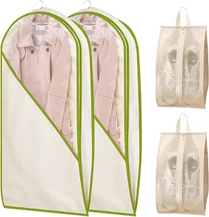 2 Pack Hanging Garment Bags And 2 Pack Shoe Bags, Cotton Canvas Suit Bags Dustproof Clothes Covers With Large Window Moisture-proof Clothes Protector Bags For All Garm(Size:9060cm,Color:Green-Wide)