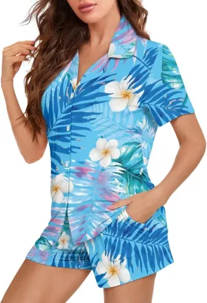 2 Pack Pajamas for Women Short Sleeve Shorts Sleepwear Soft Neck Pjs Set Floral Printed Loungewear Set Size S-XXL