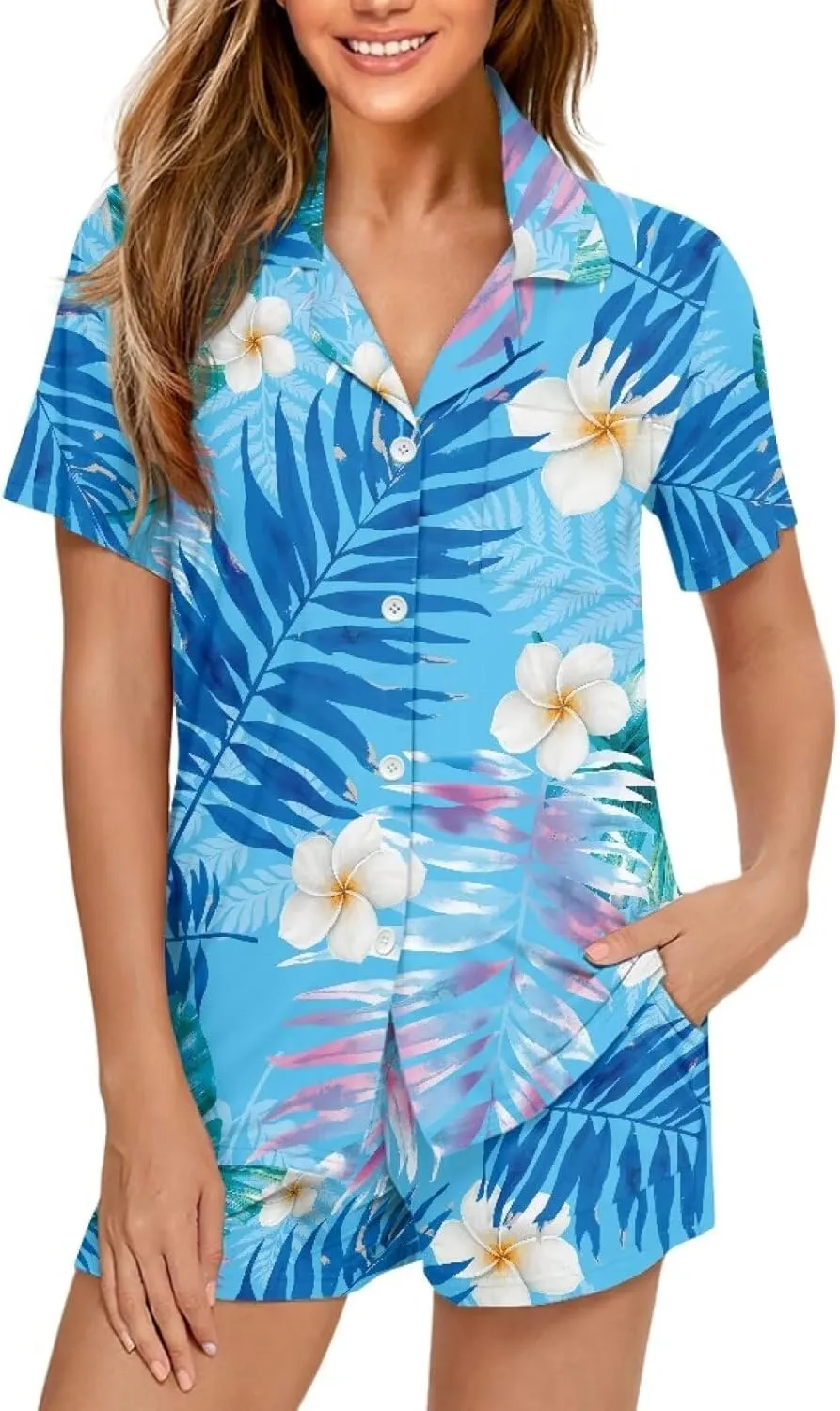 2 Pack Pajamas for Women Short Sleeve Shorts Sleepwear Soft Neck Pjs Set Floral Printed Loungewear Set Size S-XXL