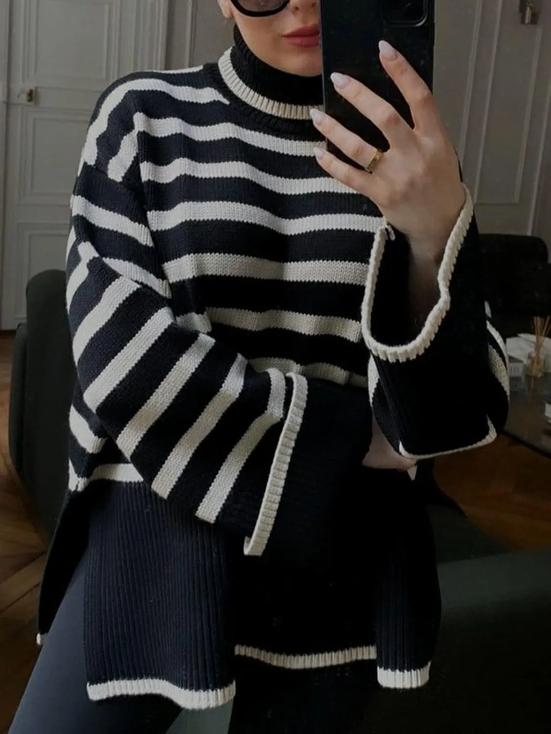 2024 Women's Long Sleeve Striped Sweater Turtleneck Casual Loose Side Split Ribbed Knit Oversized Pullover Jumper Tops
