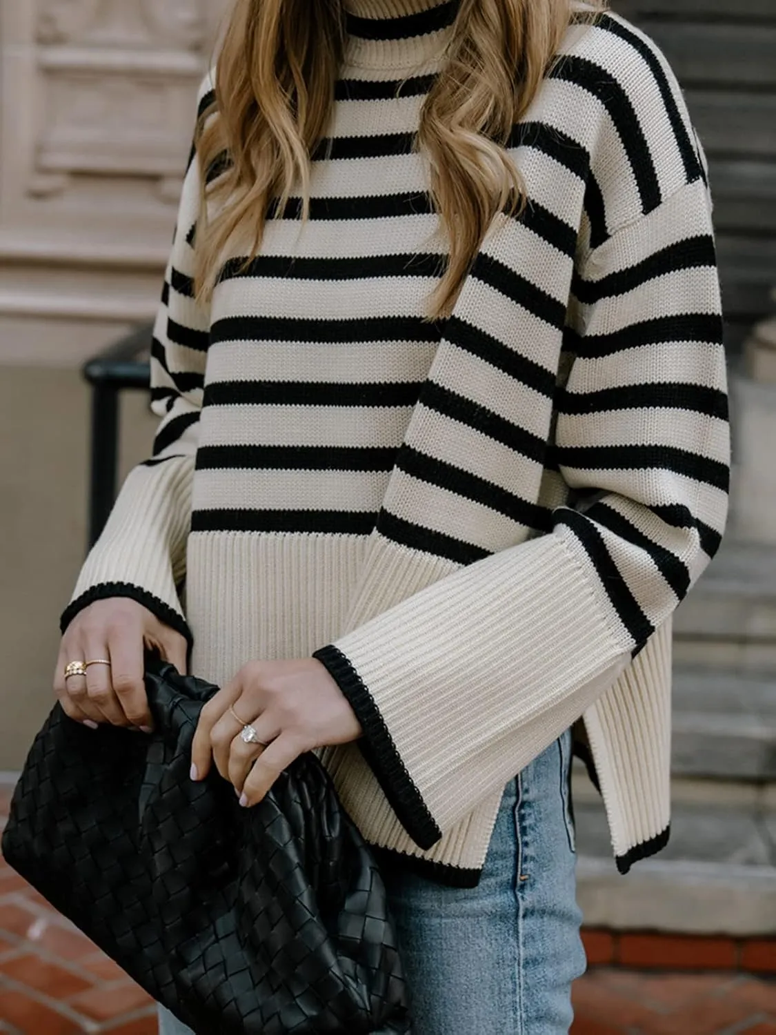 2024 Women's Long Sleeve Striped Sweater Turtleneck Casual Loose Side Split Ribbed Knit Oversized Pullover Jumper Tops