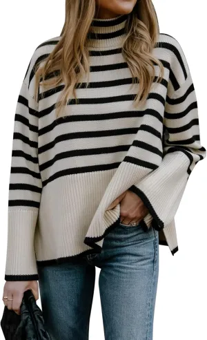 2024 Women's Long Sleeve Striped Sweater Turtleneck Casual Loose Side Split Ribbed Knit Oversized Pullover Jumper Tops