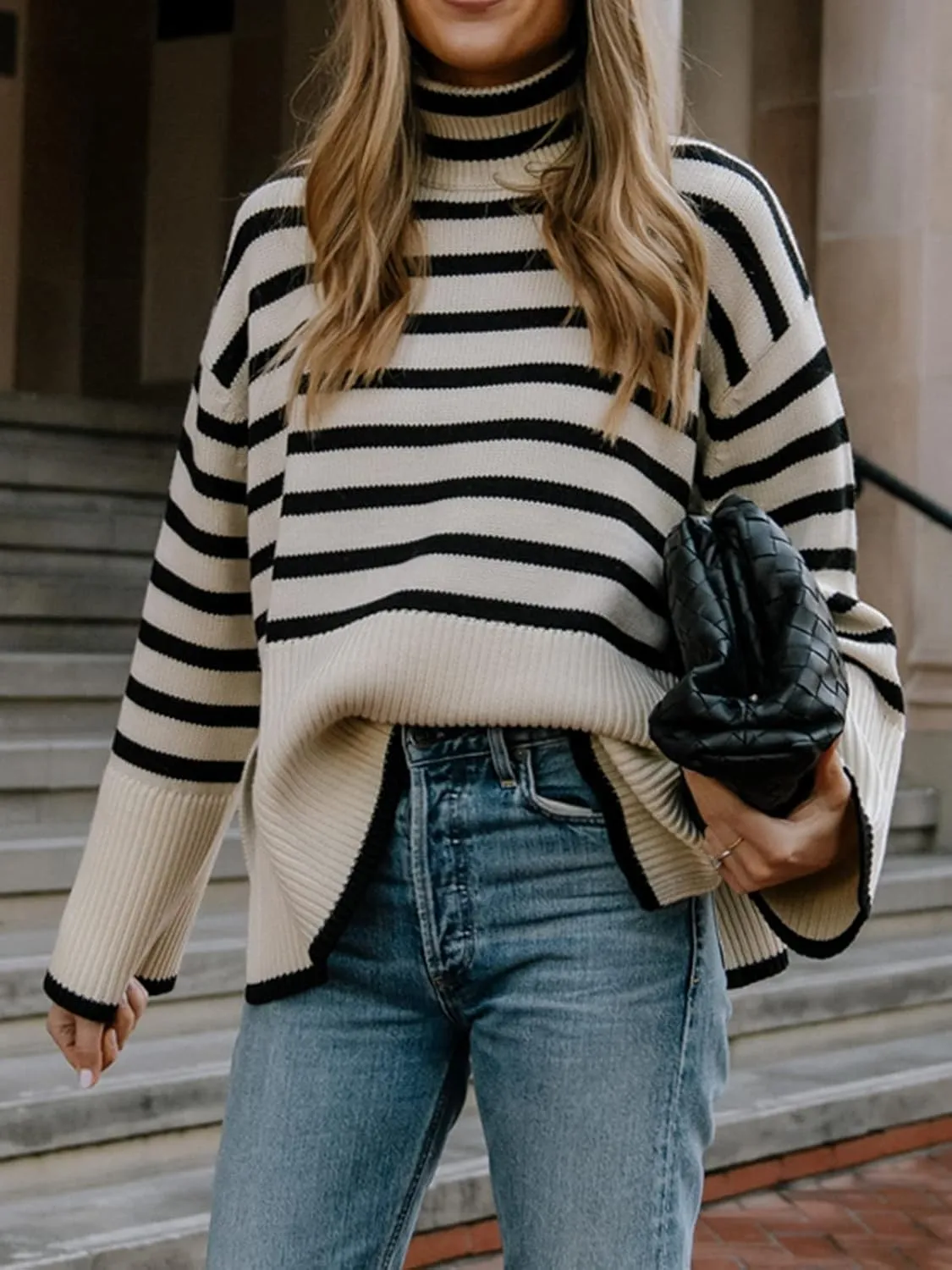 2024 Women's Long Sleeve Striped Sweater Turtleneck Casual Loose Side Split Ribbed Knit Oversized Pullover Jumper Tops