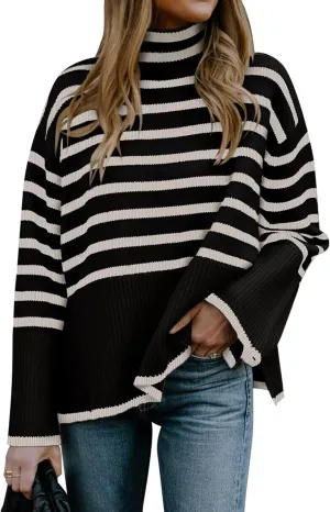 2024 Women's Long Sleeve Striped Sweater Turtleneck Casual Loose Side Split Ribbed Knit Oversized Pullover Jumper Tops