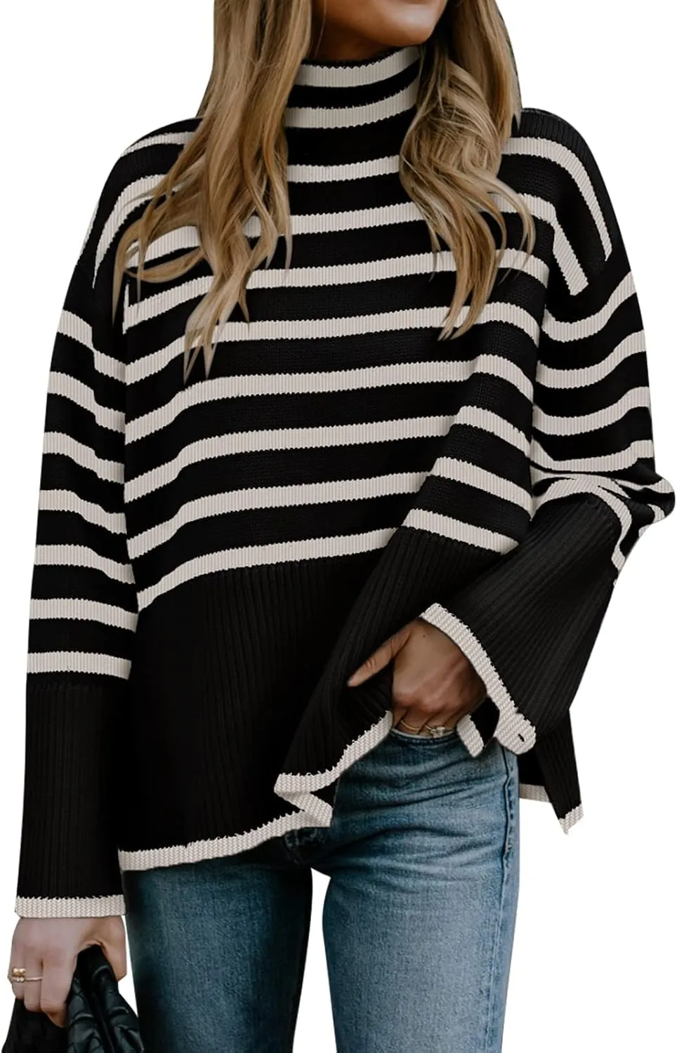 2024 Women's Long Sleeve Striped Sweater Turtleneck Casual Loose Side Split Ribbed Knit Oversized Pullover Jumper Tops