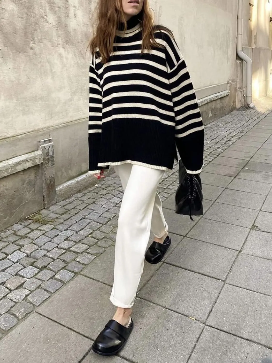 2024 Women's Long Sleeve Striped Sweater Turtleneck Casual Loose Side Split Ribbed Knit Oversized Pullover Jumper Tops