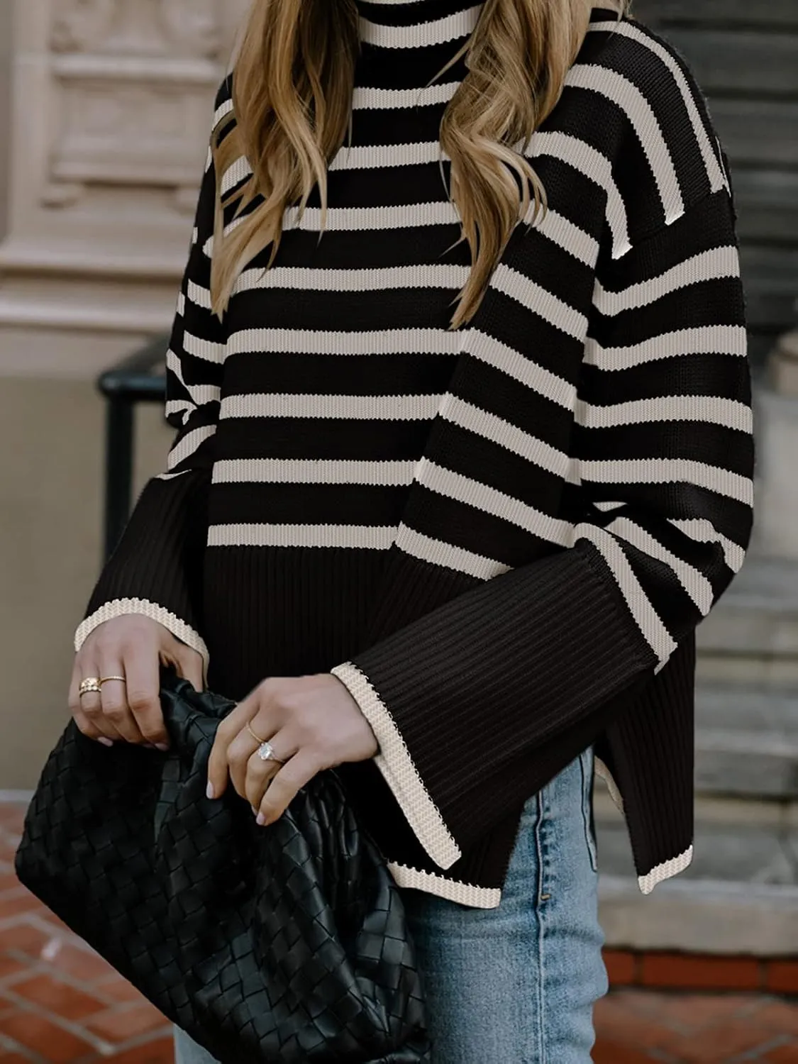 2024 Women's Long Sleeve Striped Sweater Turtleneck Casual Loose Side Split Ribbed Knit Oversized Pullover Jumper Tops