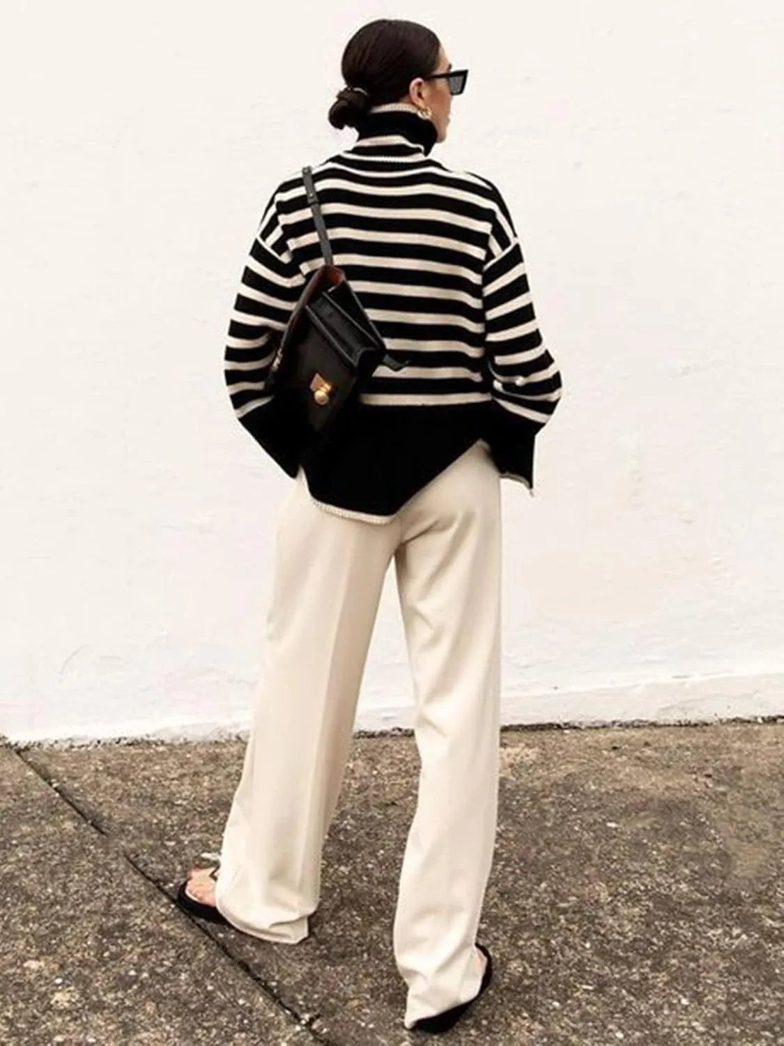 2024 Women's Long Sleeve Striped Sweater Turtleneck Casual Loose Side Split Ribbed Knit Oversized Pullover Jumper Tops