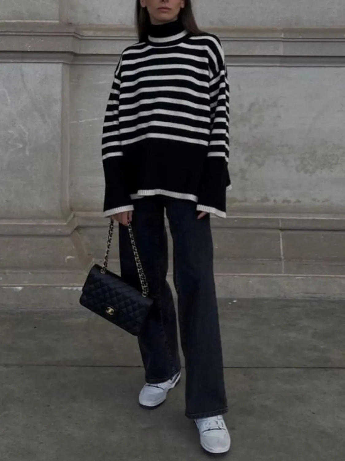 2024 Women's Long Sleeve Striped Sweater Turtleneck Casual Loose Side Split Ribbed Knit Oversized Pullover Jumper Tops