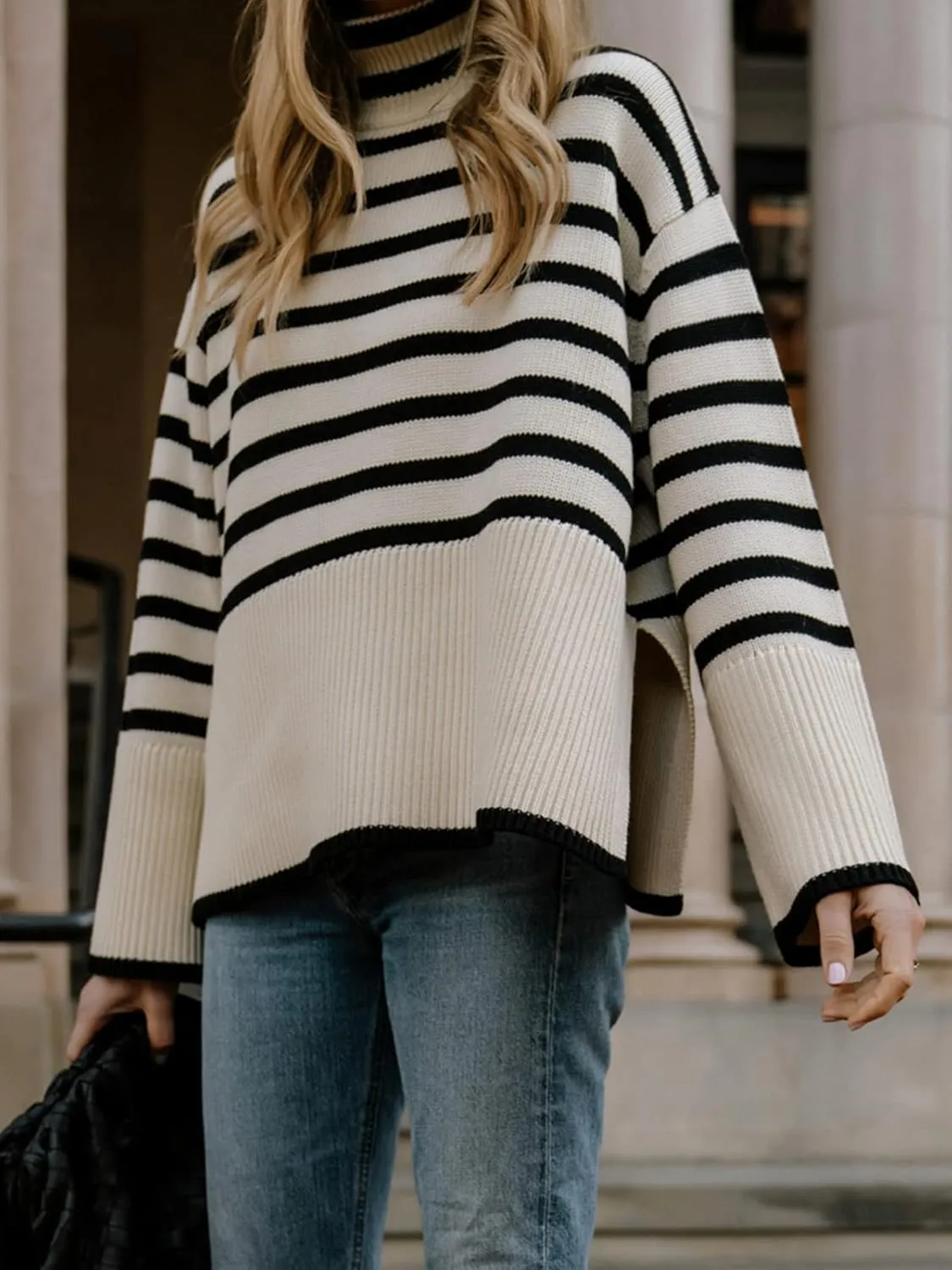 2024 Women's Long Sleeve Striped Sweater Turtleneck Casual Loose Side Split Ribbed Knit Oversized Pullover Jumper Tops