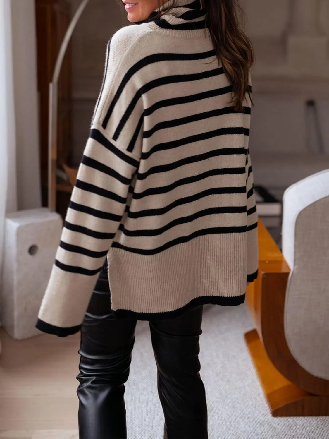 2024 Women's Long Sleeve Striped Sweater Turtleneck Casual Loose Side Split Ribbed Knit Oversized Pullover Jumper Tops