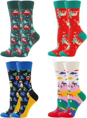 4 Pairs Christmas Socks for Women, Christmas Gifts for Mother, Fun Novelty Crew Socks for Mom