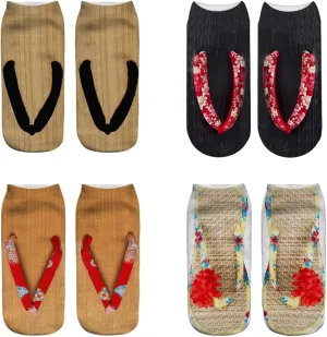 4 Pairs Flip Flop Manicure Print Socks, 3D Pattern Socks Sandal Printed Socks Low Cut Ankle Socks