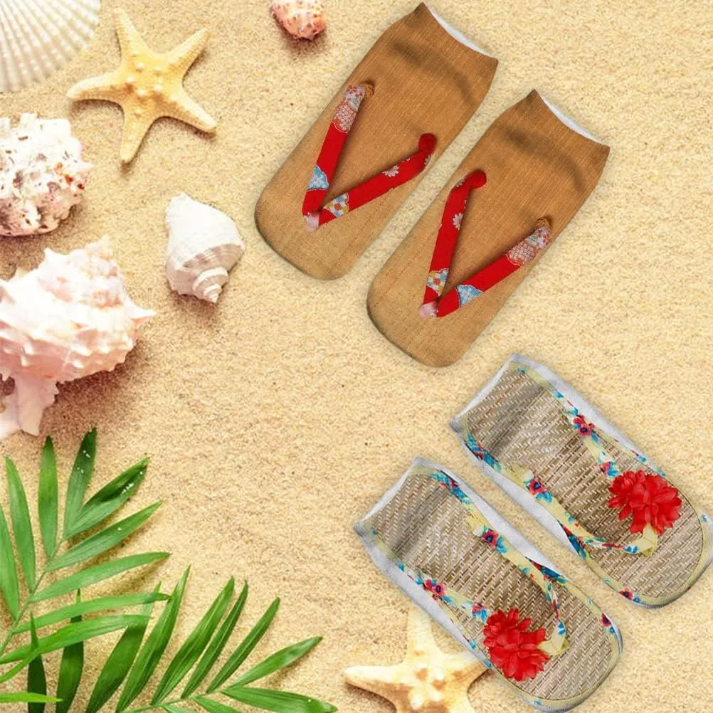 4 Pairs Flip Flop Manicure Print Socks, 3D Pattern Socks Sandal Printed Socks Low Cut Ankle Socks