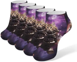 5 Pairs Ankle Socks Soft Breathable No Show Socks Comfortable Cotton Low Cut Casual Socks for Women Men A Cat in Outer Space