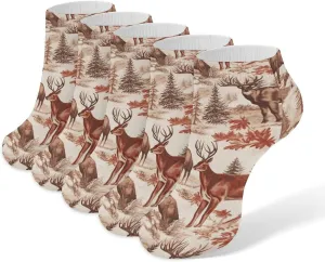 5 Pairs Ankle Socks Soft Breathable No Show Socks Comfortable Cotton Low Cut Casual Socks for Women Men Animal Wilderness Bear Deer