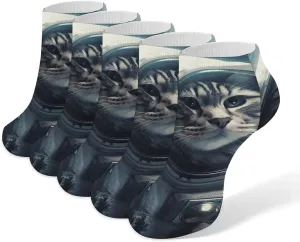 5 Pairs Ankle Socks Soft Breathable No Show Socks Comfortable Cotton Low Cut Casual Socks for Women Men Astronaut Cat in Space