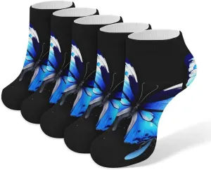 5 Pairs Ankle Socks Soft Breathable No Show Socks Comfortable Cotton Low Cut Casual Socks for Women Men Blue Butterfly