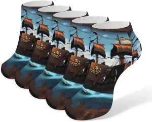 5 Pairs Ankle Socks Soft Breathable No Show Socks Comfortable Cotton Low Cut Casual Socks for Women Men Cartoon Pirate Ship