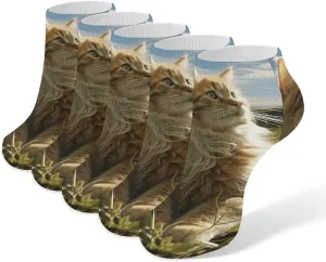 5 Pairs Ankle Socks Soft Breathable No Show Socks Comfortable Cotton Low Cut Casual Socks for Women Men Cat Sitting in Green Field