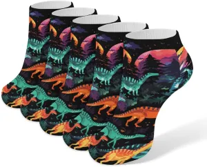 5 Pairs Ankle Socks Soft Breathable No Show Socks Comfortable Cotton Low Cut Casual Socks for Women Men Colorful Dinosaurs on Black Background