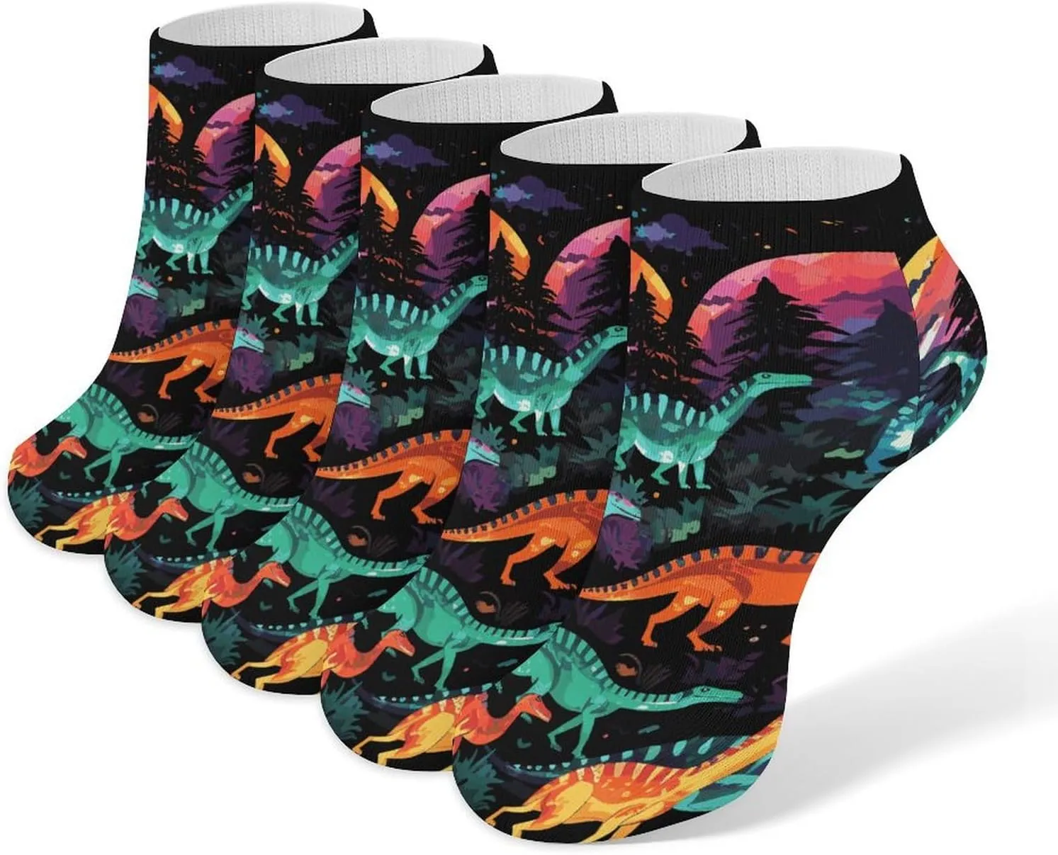 5 Pairs Ankle Socks Soft Breathable No Show Socks Comfortable Cotton Low Cut Casual Socks for Women Men Colorful Dinosaurs on Black Background
