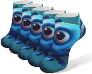 5 Pairs Ankle Socks Soft Breathable No Show Socks Comfortable Cotton Low Cut Casual Socks for Women Men Cute Blue Fish