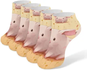 5 Pairs Ankle Socks Soft Breathable No Show Socks Comfortable Cotton Low Cut Casual Socks for Women Men Cute Piggy