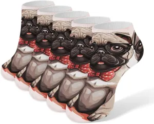 5 Pairs Ankle Socks Soft Breathable No Show Socks Comfortable Cotton Low Cut Casual Socks for Women Men Cute Pug Puppy