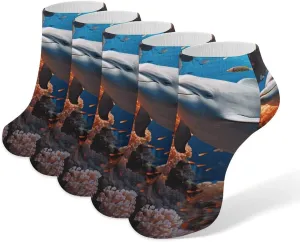 5 Pairs Ankle Socks Soft Breathable No Show Socks Comfortable Cotton Low Cut Casual Socks for Women Men Dolphin On Coral