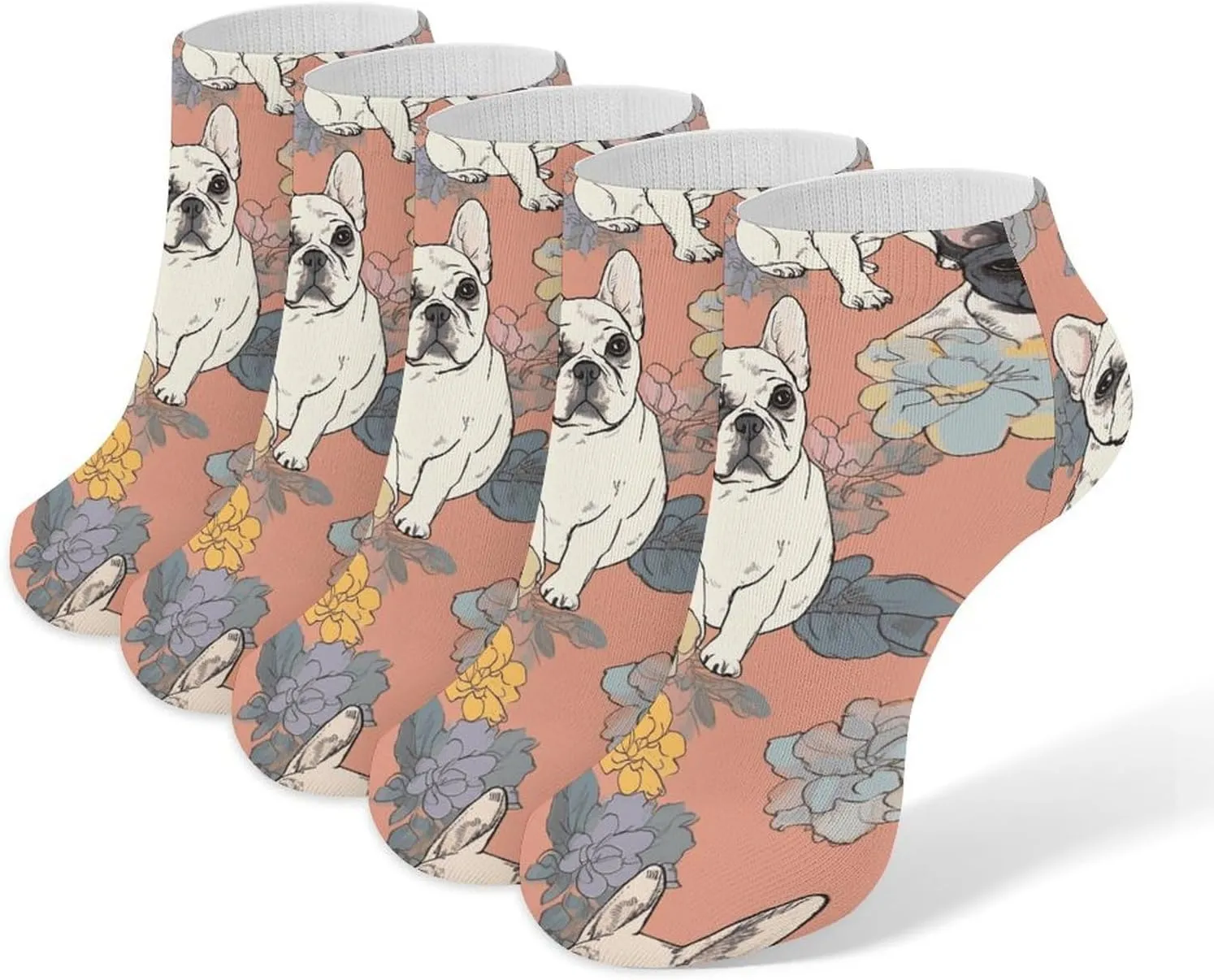 5 Pairs Ankle Socks Soft Breathable No Show Socks Comfortable Cotton Low Cut Casual Socks for Women Men French Bulldog Print