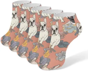 5 Pairs Ankle Socks Soft Breathable No Show Socks Comfortable Cotton Low Cut Casual Socks for Women Men French Bulldog Print