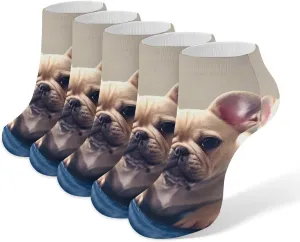 5 Pairs Ankle Socks Soft Breathable No Show Socks Comfortable Cotton Low Cut Casual Socks for Women Men French Bulldog