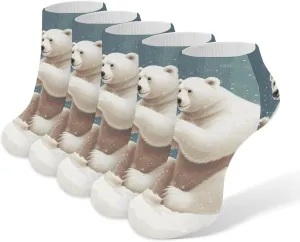 5 Pairs Ankle Socks Soft Breathable No Show Socks Comfortable Cotton Low Cut Casual Socks for Women Men Funny Polar Bear Playing Snowball
