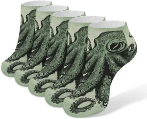 5 Pairs Ankle Socks Soft Breathable No Show Socks Comfortable Cotton Low Cut Casual Socks for Women Men Green Octopus