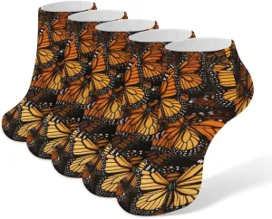 5 Pairs Ankle Socks Soft Breathable No Show Socks Comfortable Cotton Low Cut Casual Socks for Women Men Heaps of Orange Monarch Butterflies