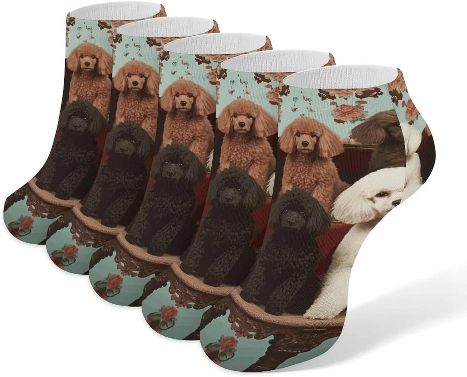 5 Pairs Ankle Socks Soft Breathable No Show Socks Comfortable Cotton Low Cut Casual Socks for Women Men Poodles Dogs