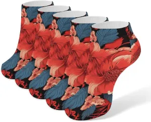 5 Pairs Ankle Socks Soft Breathable No Show Socks Comfortable Cotton Low Cut Casual Socks for Women Men Red Floral Pattern