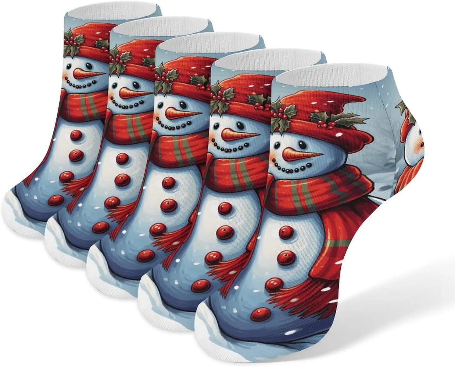 5 Pairs Ankle Socks Soft Breathable No Show Socks Comfortable Cotton Low Cut Casual Socks for Women Men Red Snowman Scraf