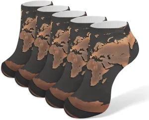 5 Pairs Ankle Socks Soft Breathable No Show Socks Comfortable Cotton Low Cut Casual Socks for Women Men Rust World Map