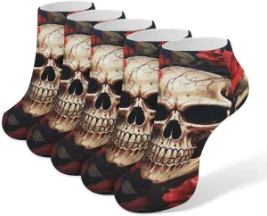 5 Pairs Ankle Socks Soft Breathable No Show Socks Comfortable Cotton Low Cut Casual Socks for Women Men Skull Rose-Red