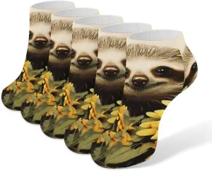 5 Pairs Ankle Socks Soft Breathable No Show Socks Comfortable Cotton Low Cut Casual Socks for Women Men Sloth Sunflower