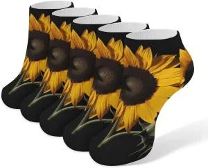 5 Pairs Ankle Socks Soft Breathable No Show Socks Comfortable Cotton Low Cut Casual Socks for Women Men Sunflower Black Background