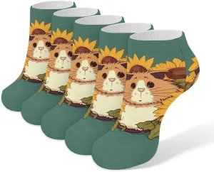 5 Pairs Ankle Socks Soft Breathable No Show Socks Comfortable Cotton Low Cut Casual Socks for Women Men Sunflower Hamster Cartoon
