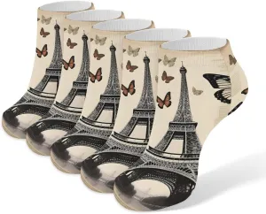 5 Pairs Ankle Socks Soft Breathable No Show Socks Comfortable Cotton Low Cut Casual Socks for Women Men Vintage Paris Eiffel Tower
