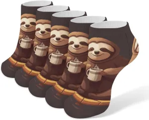 5 Pairs Ankle Socks Soft Breathable No Show Socks Comfortable Cotton Low Cut Casual Socks for Women Men Yoga Sloth Coffee