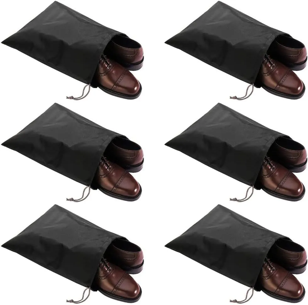 6 Pack Waterproof Nylon Shoe Bags Travel Bags for Men Women (Black, 15.1"(L) x12.2"(W))
