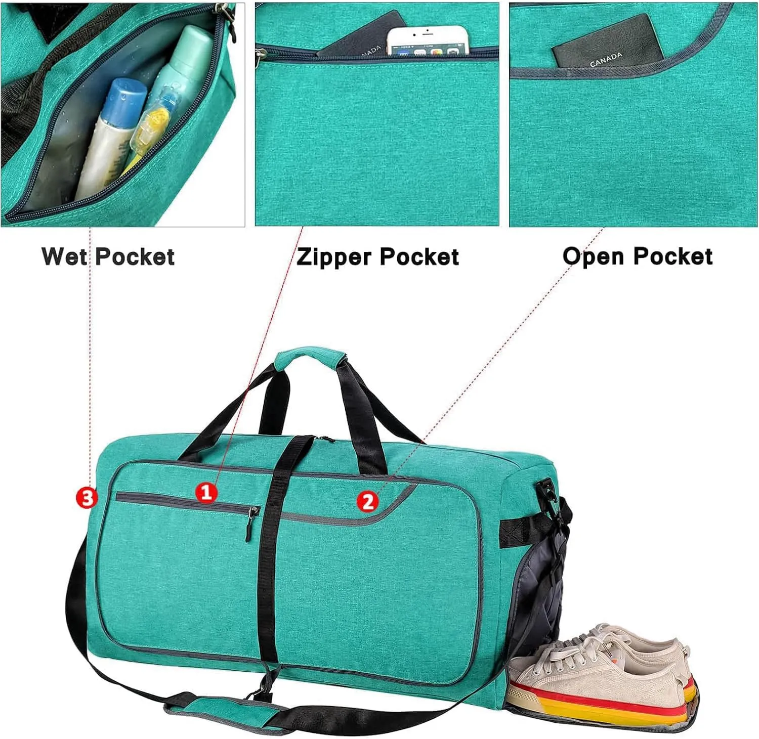 65L Travel Duffel Bag for Men Women Foldable Large Weekender Bag with Shoes Compartment & Wet Pocket Waterproof & Tear Resistant, Teal, 65L