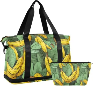 ALAZA Bananas Tropical Leaves Gym Bag Sports Duffel Bag with Shoes Compartment, Overnight Weekender Travel Tote Bag for Women Men Trip College