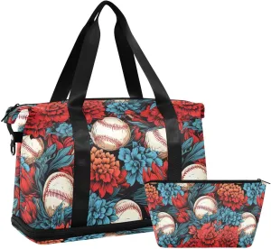 ALAZA Baseball and Flowers Gym Bag Sports Duffel Bag with Shoes Compartment, Overnight Weekender Travel Tote Bag for Women Men Trip College